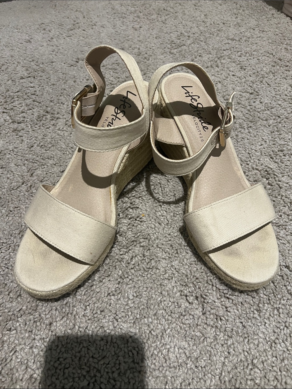 Life Stride Cream Canvas Slingback Wedge Sandals